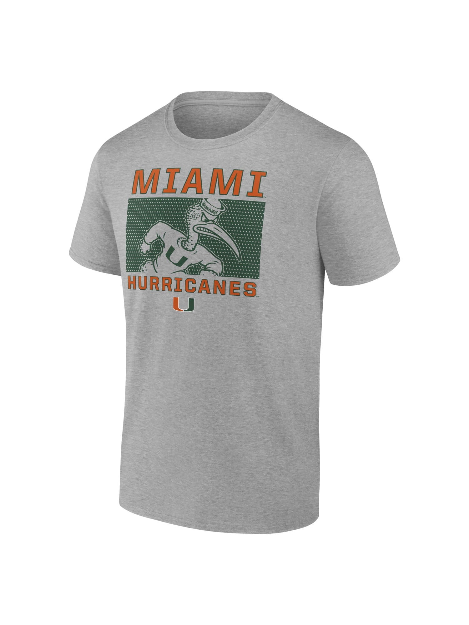 NCAA Miami Hurricanes Men's Heather Gray Cotton Boxed Mascot Short Sleeve T Shirt
